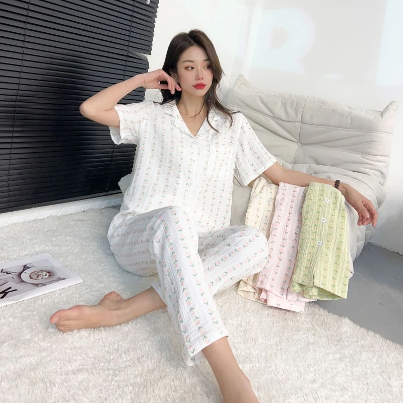 Summer Cotton Crepe Tulip Four Color Pajamas for Women Short Sleeved Pants Casual Loose Fitting Home Clothing Loose Loungewear