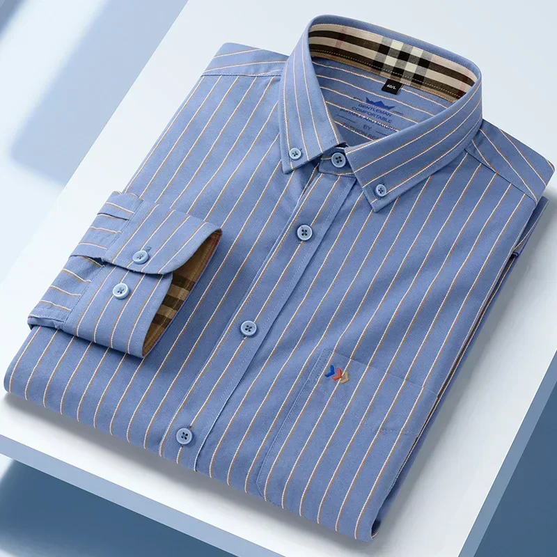 Camisa Oxford 100% de algodón de doble color con cuello de manga larga, camisa informal de algodón sin bolsillos bordada para hombre, regalo de lujo al por mayor