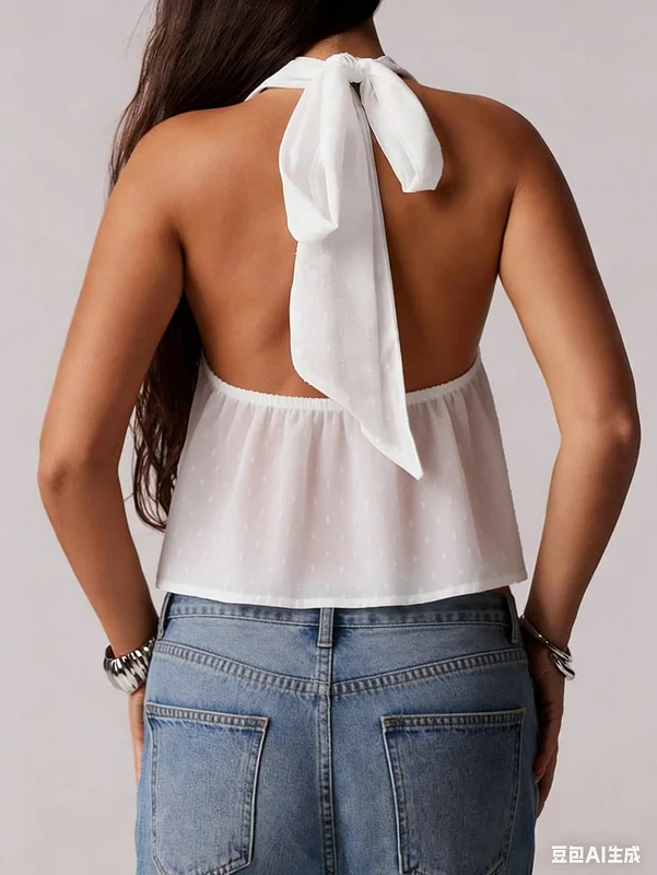 Women's Summer Halter Tops Stylish Front Knot Textured Print Slim Fit Backless Sleeveless Vest White