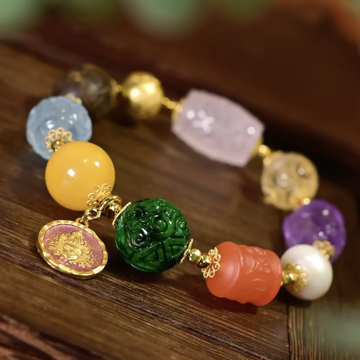 Natural Mixed Gemstone Bracelet, Jadeite Red Agate Amethyst Aquamarine Beeswax Wealth God Pendant Women Jewelry