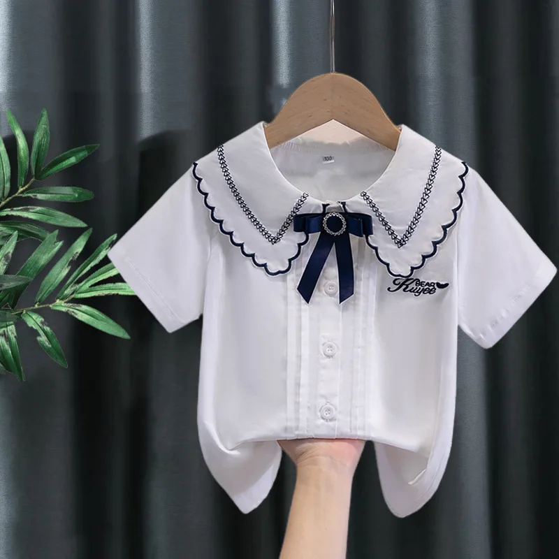 

Kids Girls Cotton Shirts Summer Cute Lace Trim Collar Solid Color Puff Sleeve Bowknot Blouse Tops School Uniform Casual Clothing