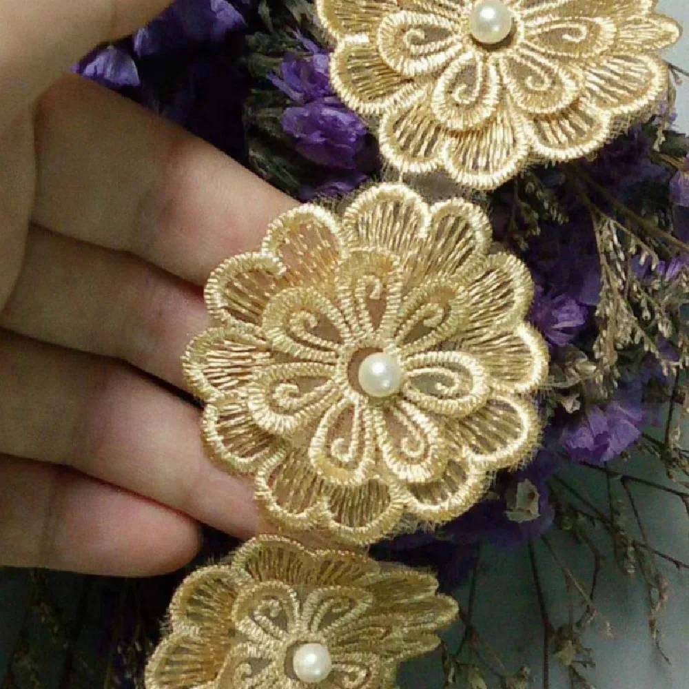 1 metro oro 5 cm fiore di perla fai da te solubile matrimonio pizzo trim lavoro a maglia ricamato fatto a mano patchwork nastro forniture per cucire