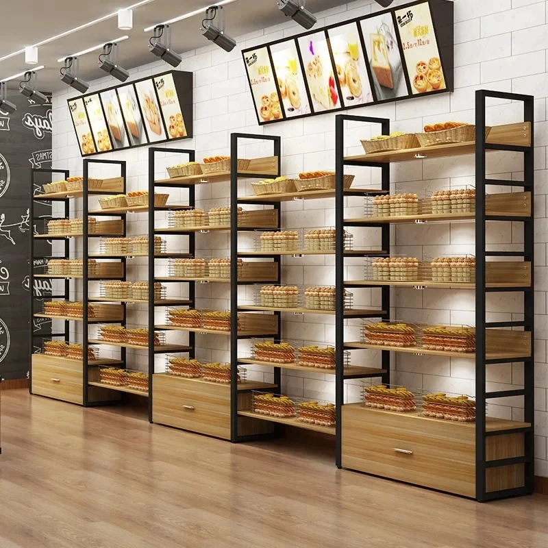 custom.Wooded Bakery Shelf Supermarket Design Layout Modern Wooden Shelves Wall Mounted