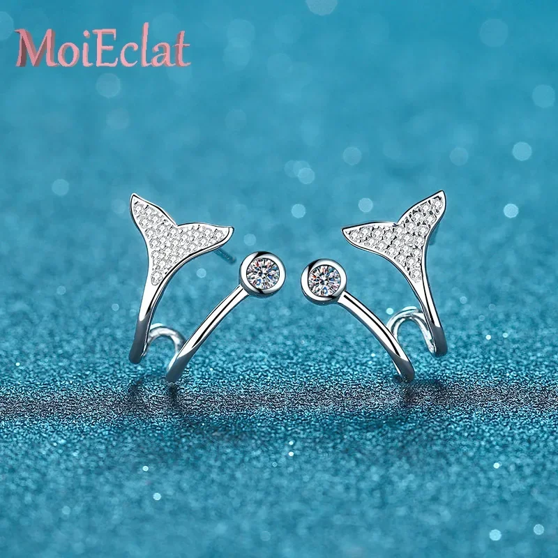 Luxury Platinum Pt950 Fish Tail Stud Earring for Women, Lab-Created 0.42ct Moissanite Micro Set Ear Studs Hypoallergenic Jewelry