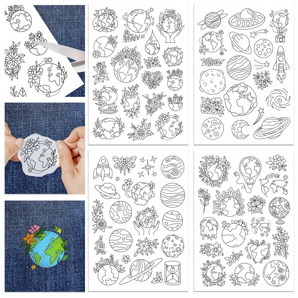 1set 4Sheets 11.6x8.2 Inch Stick and Stitch Embroidery Patterns Space、spaceman theme
