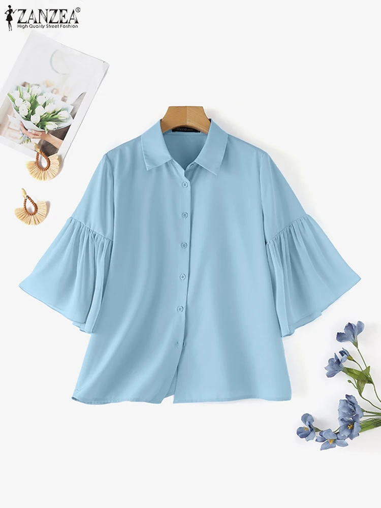 ZANZEA Chic Ruffle 3/4 Sleeve Chiffon Shirt Women Elegant Buttons Blouse Solid Luxury Lapel Neck Tops Baggy Fashion Party Blusas