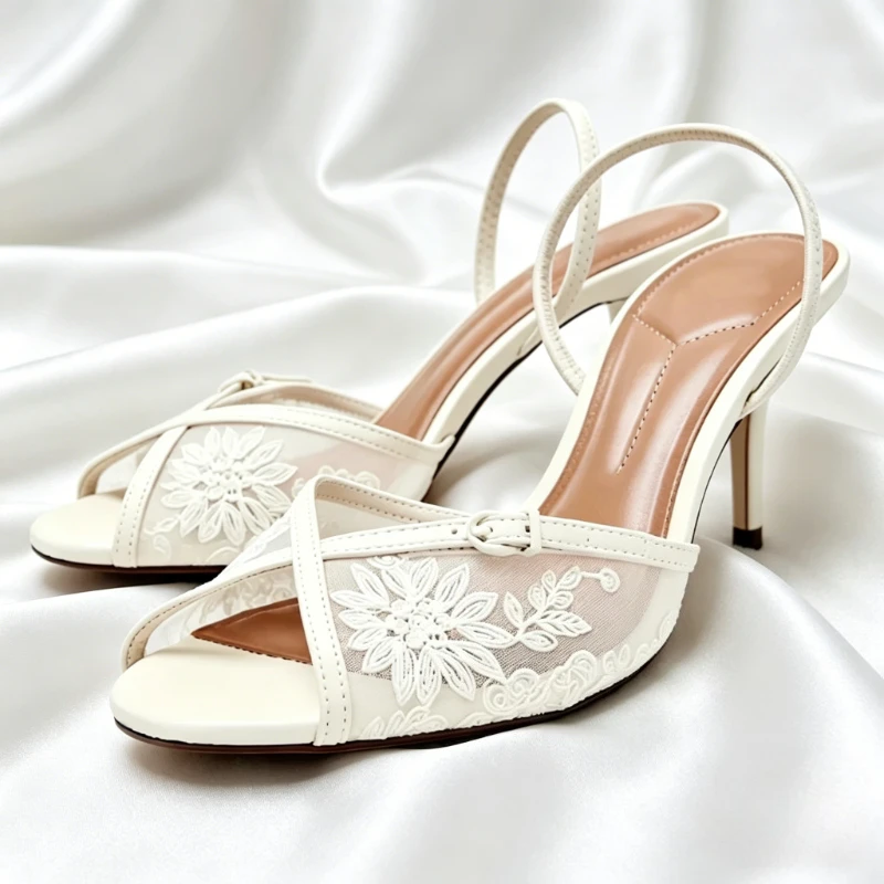 

Sexy Peep Toe Mesh Heeled Sandals Women Handmade Embroidery Flower Back Strap Heels for Ladies Elegant Wedding Designer Shoes