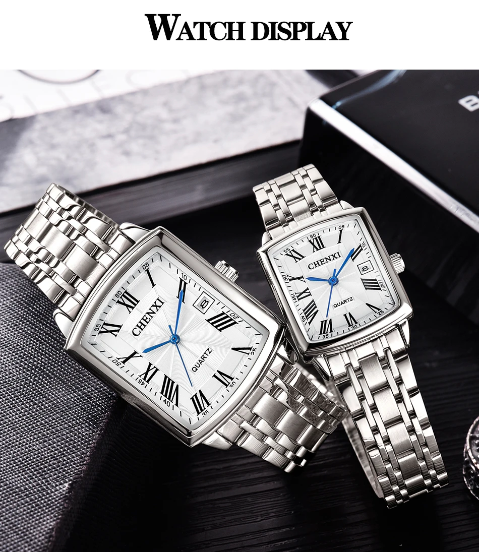 CHENXI 079A Square Couple Watches Business Simple Calendar Casual Stainless Steel Strap Quartz Wristwatch for Men and Women