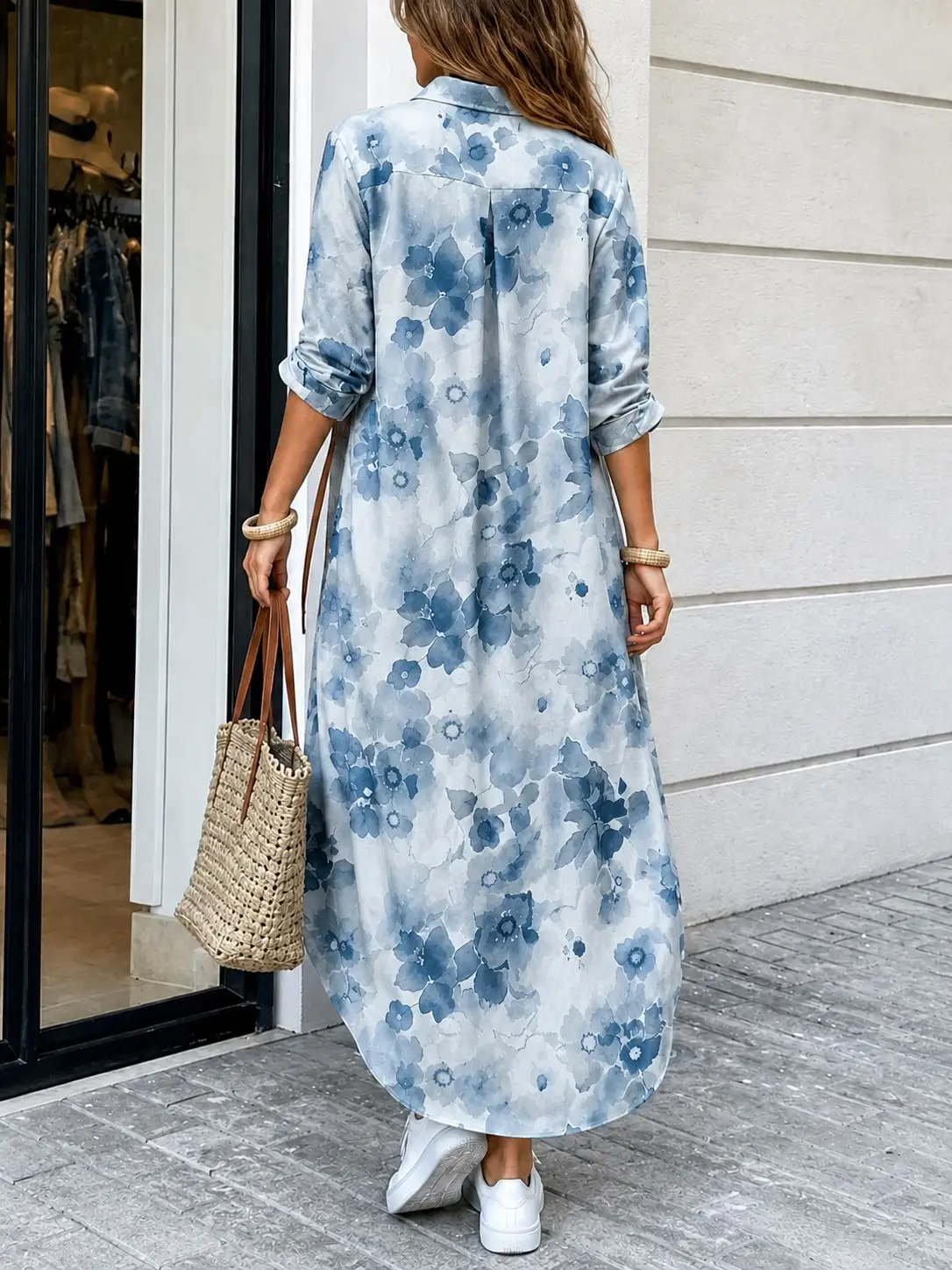 Summer Loose-Fitting Printed Shirt Dress for Women, Long Dress with Lapel Collar and Button-Up Cardigan Style, Casual Vacation Beach Commute Outerwear Dress view 2