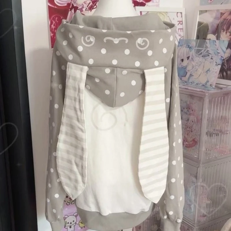 

Женские толстовки с капюшоном Japanane Kawaii с кроличьими ушками, женское милое пальто на молнии с кружевным принтом в горошек, повседневное модное свободное пальто, новое
