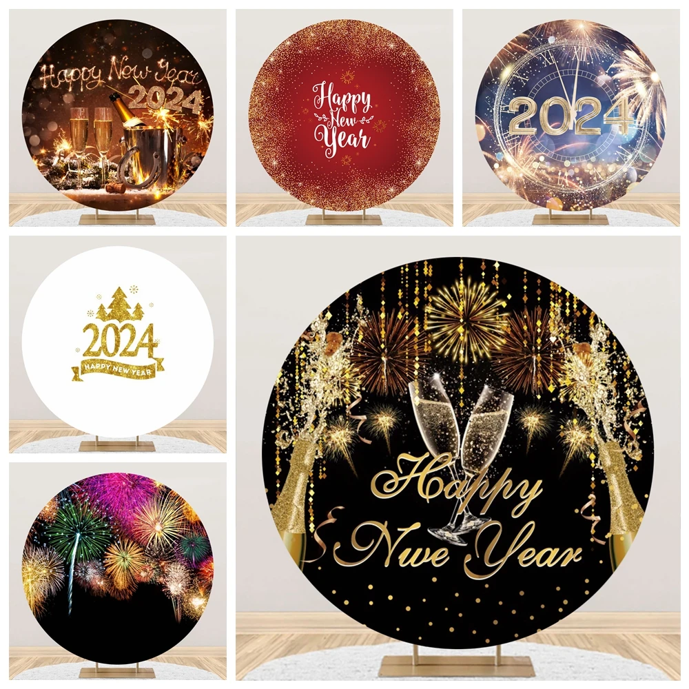 

2024 Happy New Year Round Backdrop Cover Fireworks Clock Christmas Circle Photography Background New Year Festival Party Decor