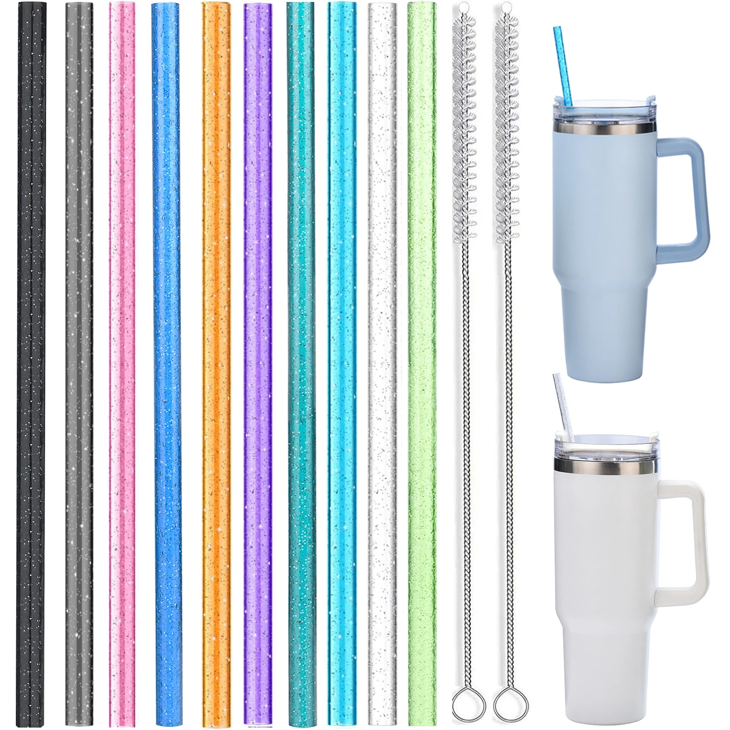 10 Pack Color Replacement Straws for 40 oz 30 oz Tumbler, 12 in Long Reusable Plastic Glitter Straws for Cup