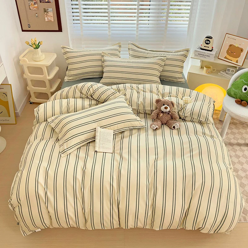 4PC Minimalist Fresh Dark Green Stripe Bedding Set, Soft Breathable All-season Bedding for Lazy Bedrooms & Homestays