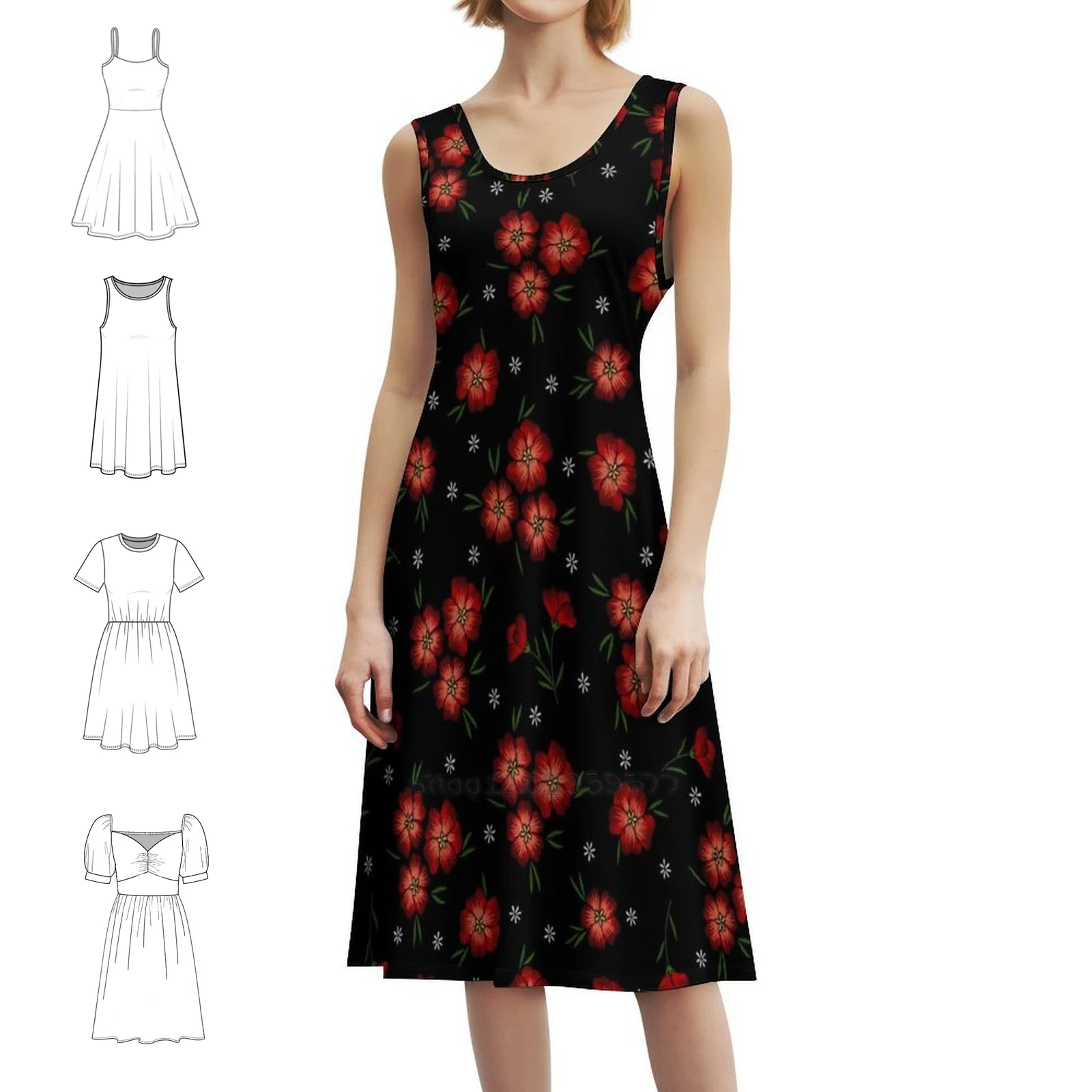 

Red Embroidered Floral Pattern Boho Chic Dress Elegant Fashion Beach Wedding Party Gown Flowers Floral Embroidered Pattern