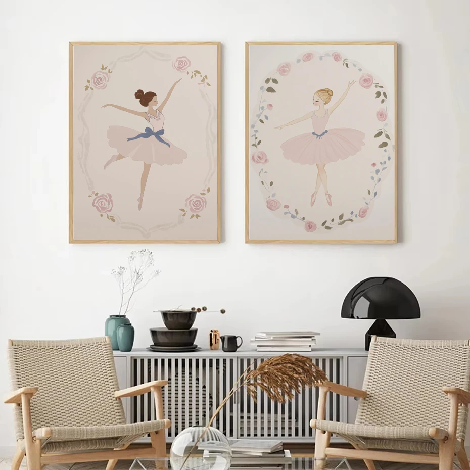 Frameless canvas paintings,Pink Ballet Girl Wall Art Ballet Swan Carousel Flower Nursery Art Elegant Ballet Pink Bedroom Decor G