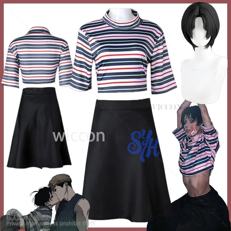 

Killing Anime Stalking Cosplay Costume Striped Loose Tshirt Y2K Jirai Kei Uniform Black Dress Goth Horror Yoo Bu Halloween Party