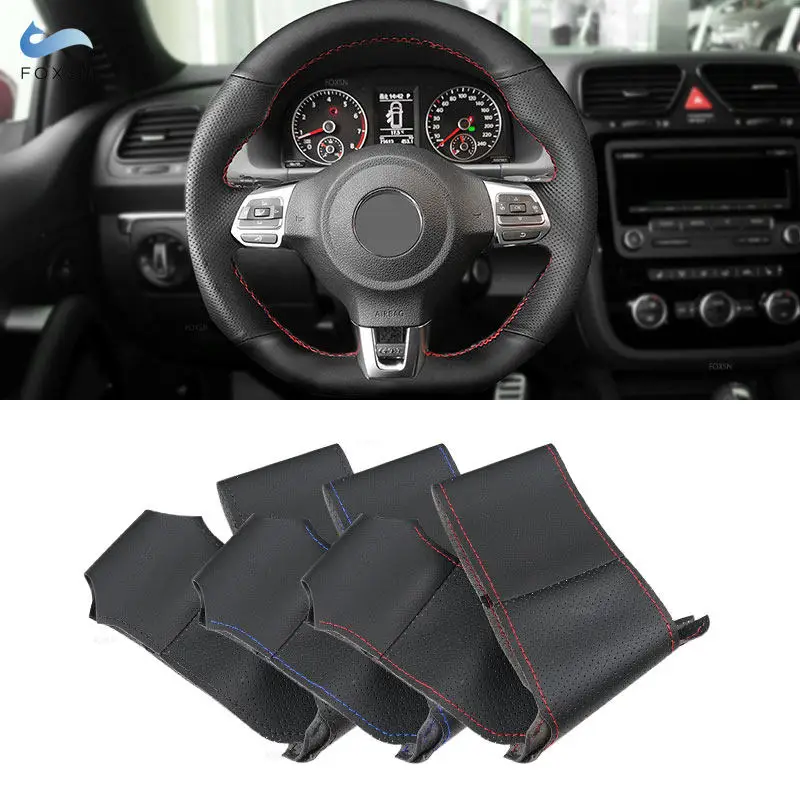 

Для VW Golf 6 VI MK6 2009-2014 Polo GTI Scirocco Passat CC Tiguan R-Line чехол на руль автомобиля Нескользящая прочная кожаная отделка