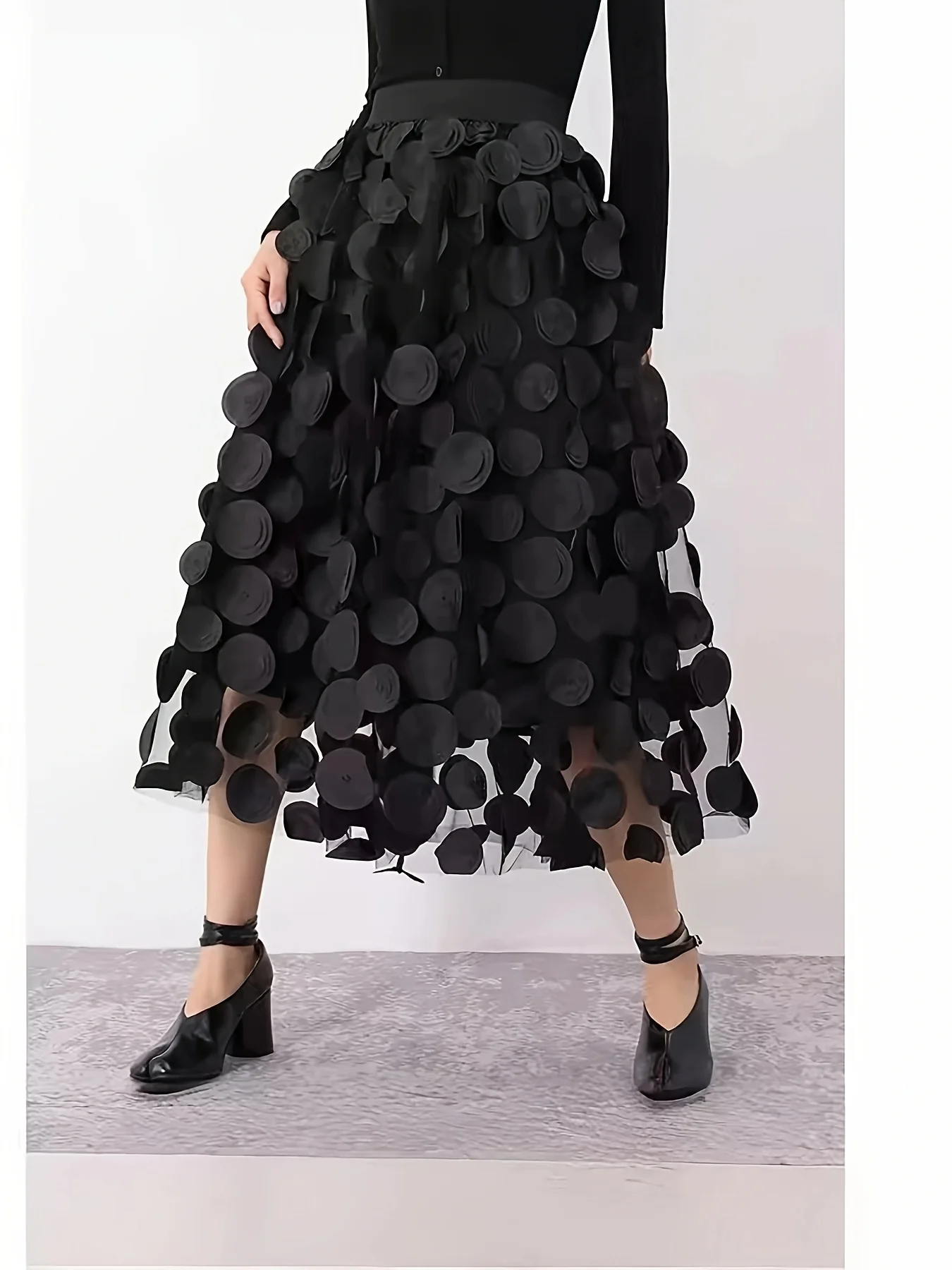 

Black elastic waist umbrella skirt, A-line skirt, versatile midi skirt, flared skirt, European and American bestseller