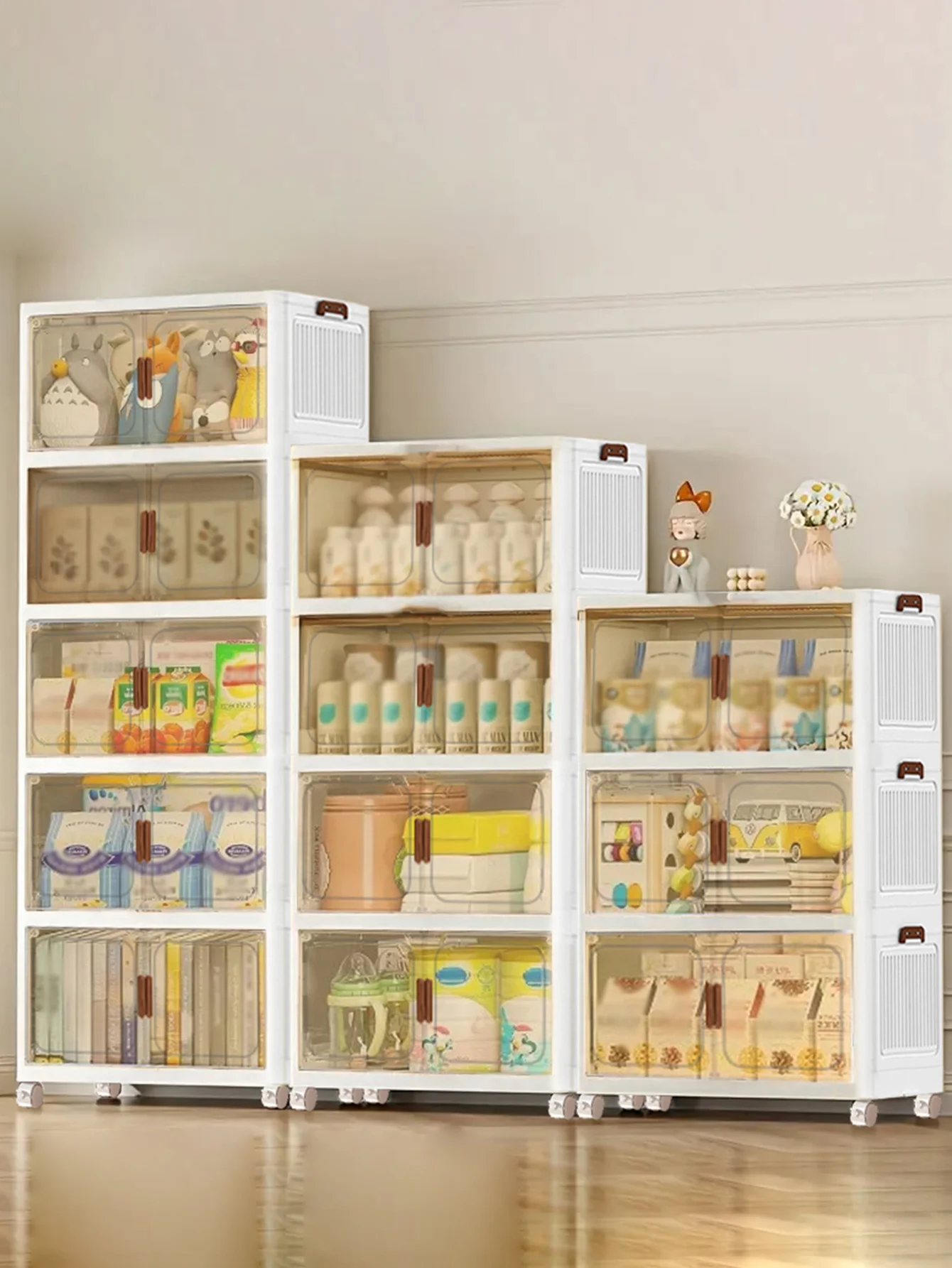 

45-5layers Foldable Storage Cabinet, Plastic Sundries Organizer with Doors & Wheels, Stackable Large Capacity Home Organization