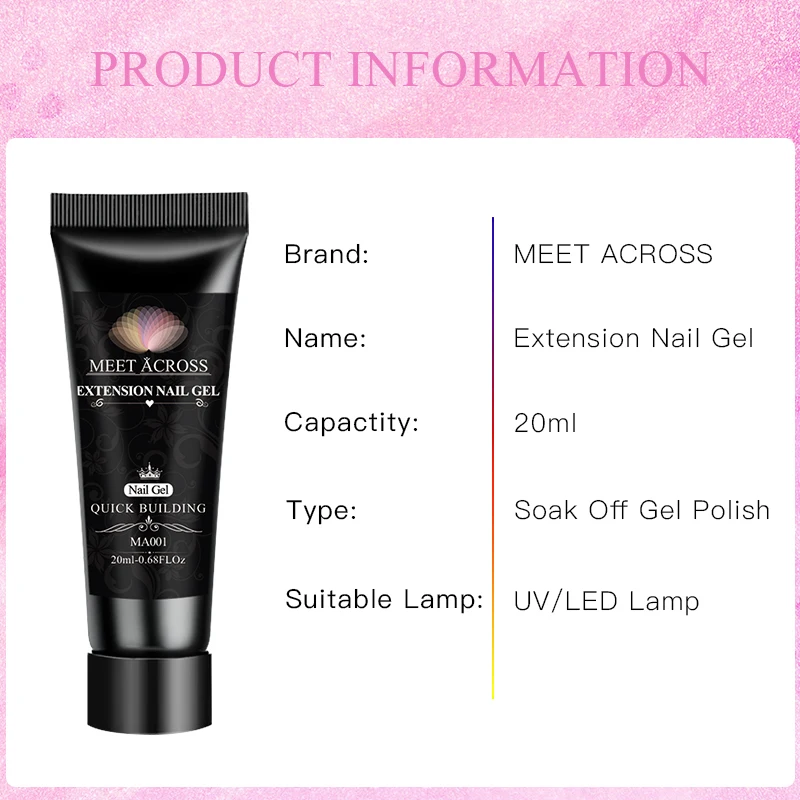 Gel de extensión de uñas con purpurina, 20ml, brillo rosa, extensión de Gel de Color puro, puntas postizas, adhesivo sin Alcohol para manicura duradera