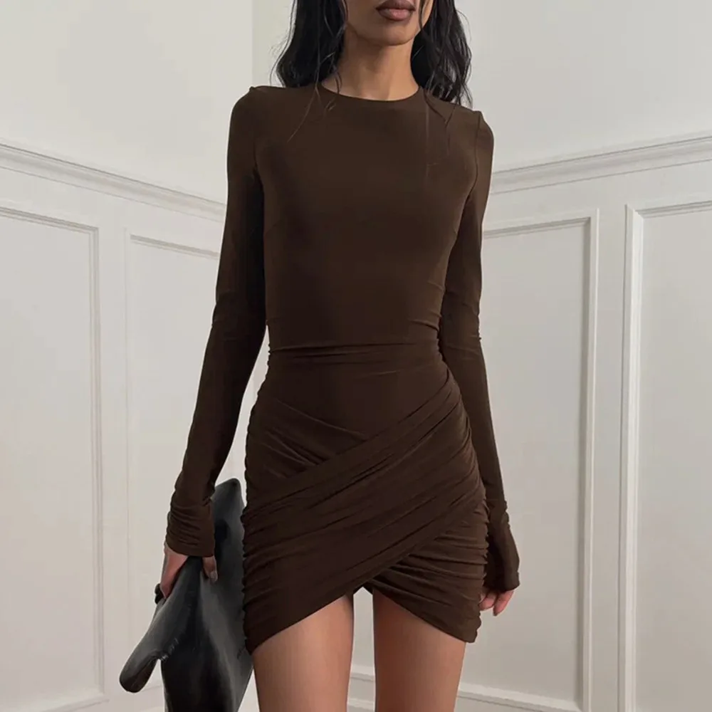 Blifanbo elegante sexy drapeado cruz bodycon mini vestido feminino ruched outono inverno manga longa o pescoço cintura alta clube vestido de festa