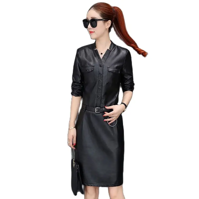

2022 Women's Leather Dress Spring Autumn Casual Elegant Ladies Dress Add Velvet Winter Slim Hip Wrap Bottoming Dresses All Match