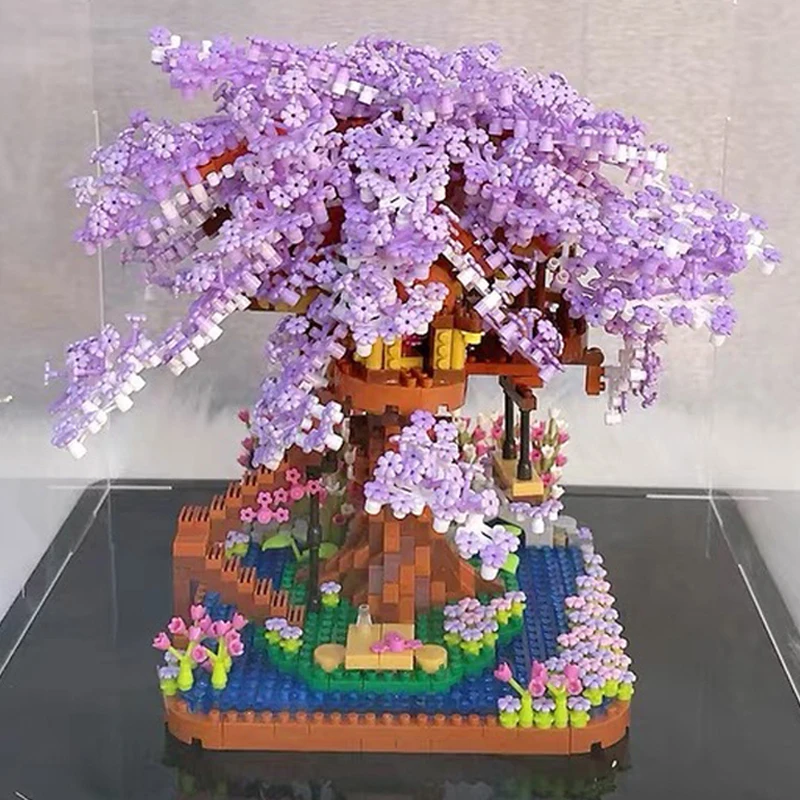 LHCX 7855 العمارة العالمية الأرجواني زهر الكرز شجرة ساكورا زهرة حديقة كتل الماس الصغيرة الطوب بناء لعبة لا صندوق
