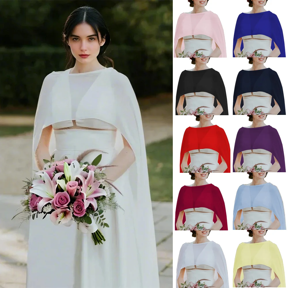 Wedding Bridal Chiffon Long Cape Dinner Party Formal Lady Cloak O-neck Prom Women Shawl Elegant High-low Wrap Ivory 11 Colors