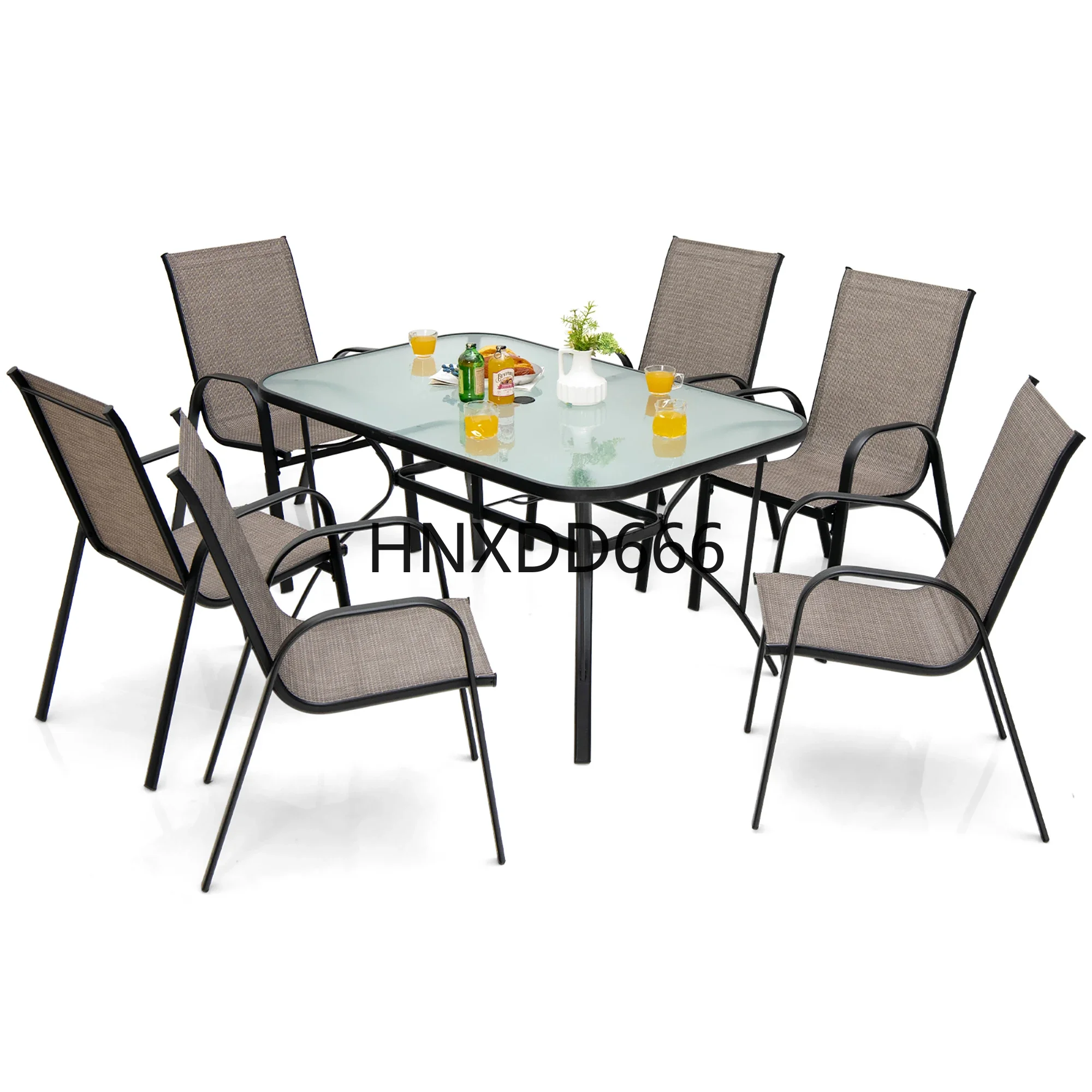 7PCS Patio Dining Set 6 Stackable Chairs Glass Table Umbrella Hole Yard