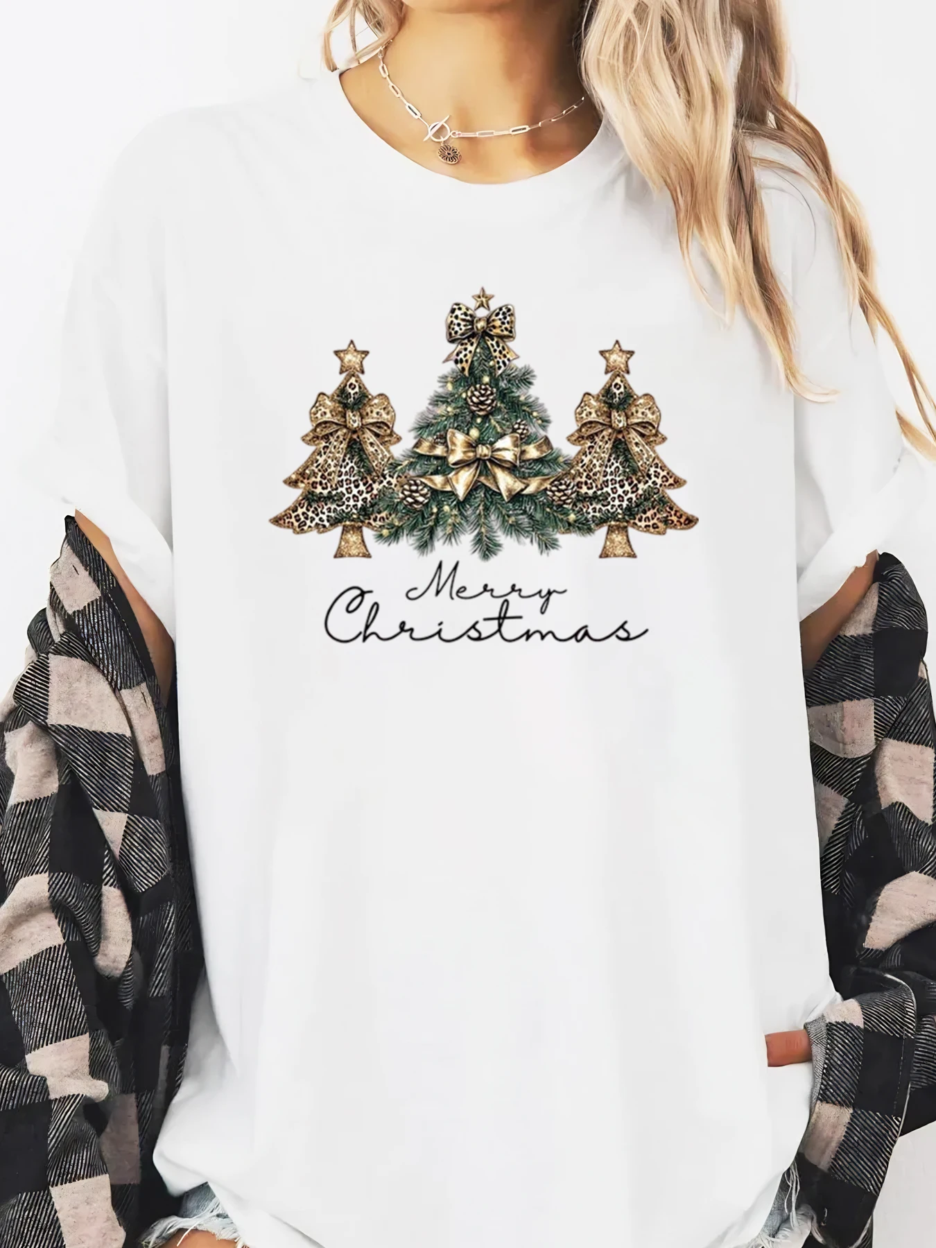 Kerstboom Luipaardprint Vrolijk Kerstfeest T-shirt met lange mouwen Dames Casual vakantiekleding Wit Plus-maat