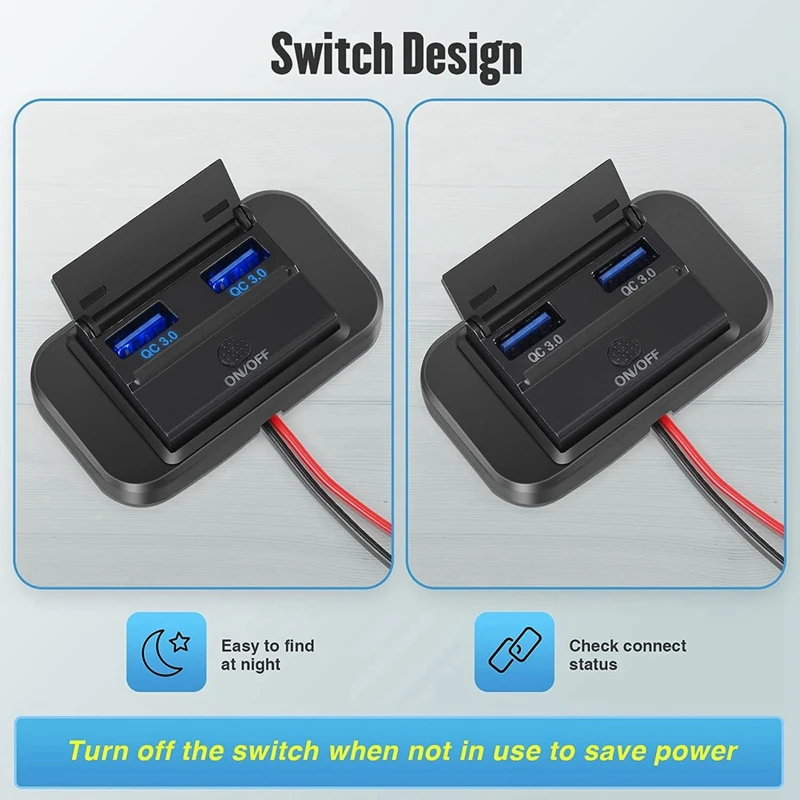 Prise de charge rapide USB pour touristes, panneau de commutation, chargeur de voiture pour bateau marin, moto RL, QC3.0, 36W, 12V, 24V, 4 pièces