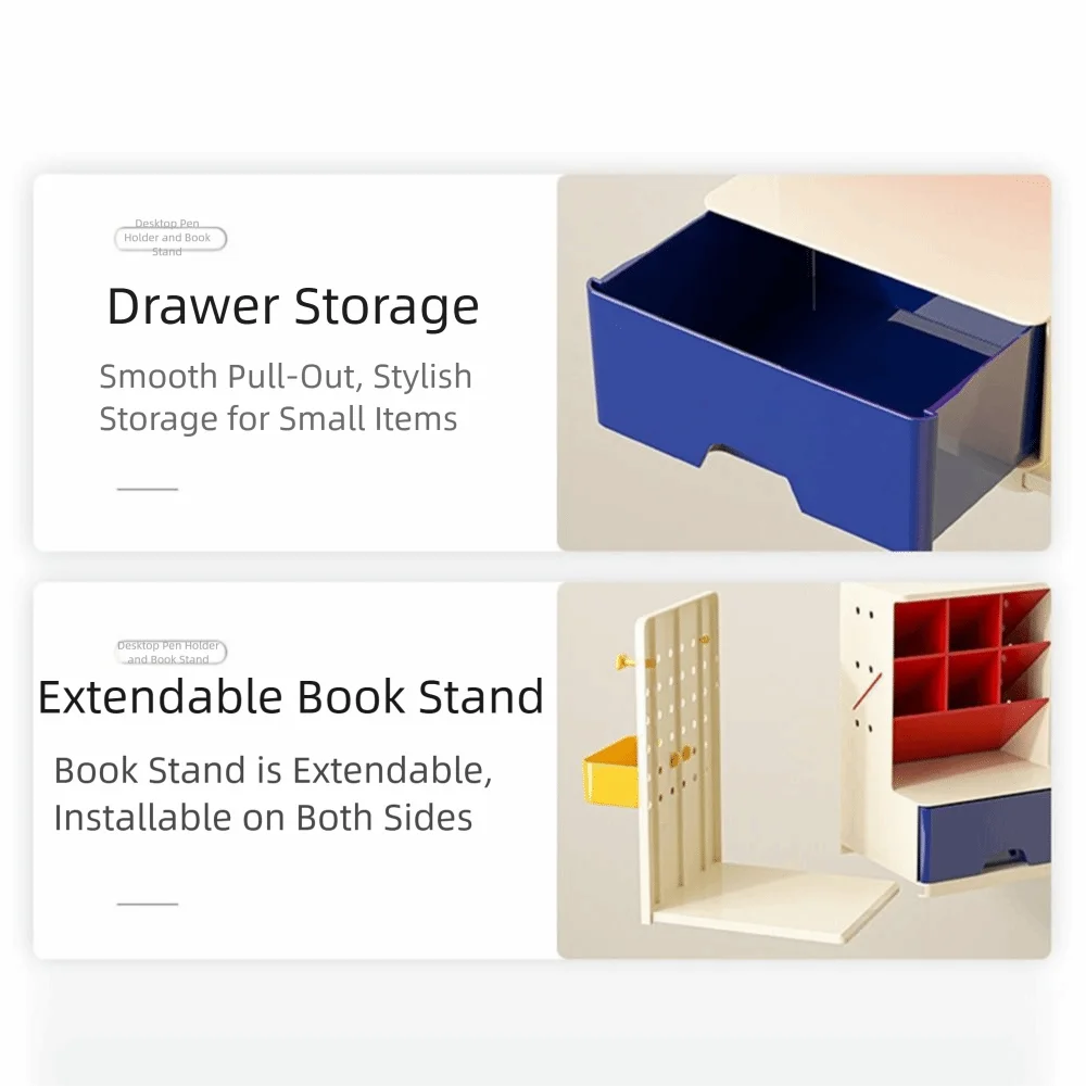 Oblique Design Desktop Pen Holder Large-Capacity Multi Grid Bookend with Drawers Space-Saving Perforated Board Desk Organizer