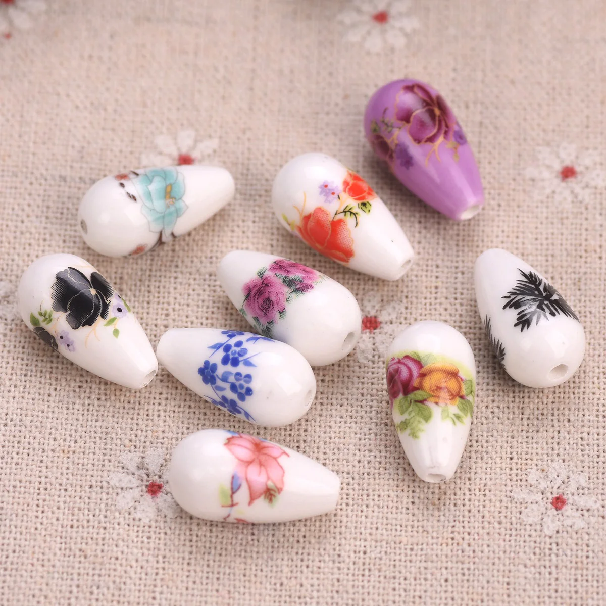 10PCS Teardrop Shape 20x10mm Flower Patterns Ceramic Porcelain Loose Crafts Beads For Jewelry Making DIY Bracelet Findings