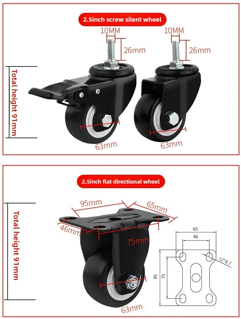 4 Stück 1,5 2 2,5 3 Zoll Möbelrollen aus Weichgummi, Universal-Lenkrolle für Plattformwagen-Zubehör – Detail 6