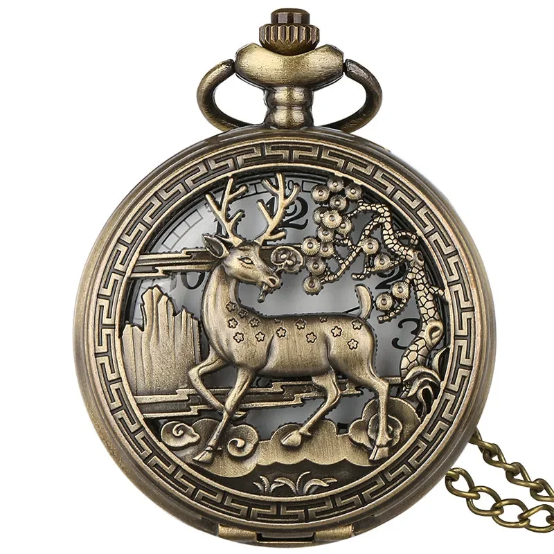 Vintage Hollow Out Elk Flower Case Half Hunter Quartz Pocket Watch for Men Women Necklace Pendant Chain Arabic Number Clock