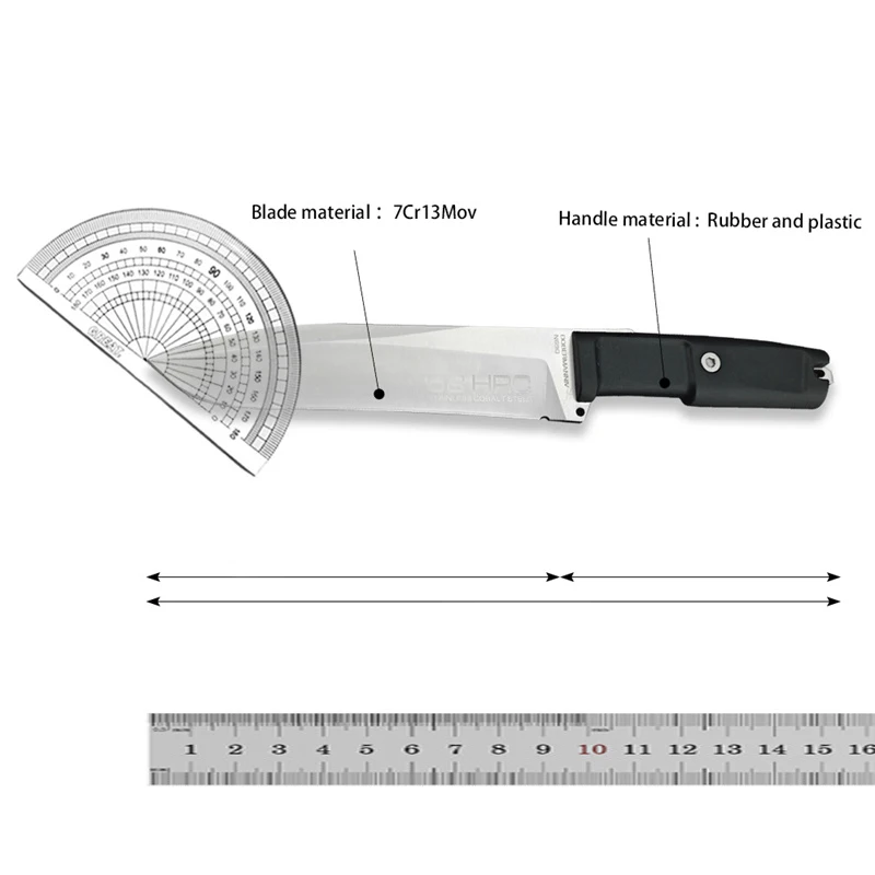 440c outdoor straight knife, Tactical hunting self-defense rescue multi-purpose EDC tool with rubber plastic handle 7Cr13Mov