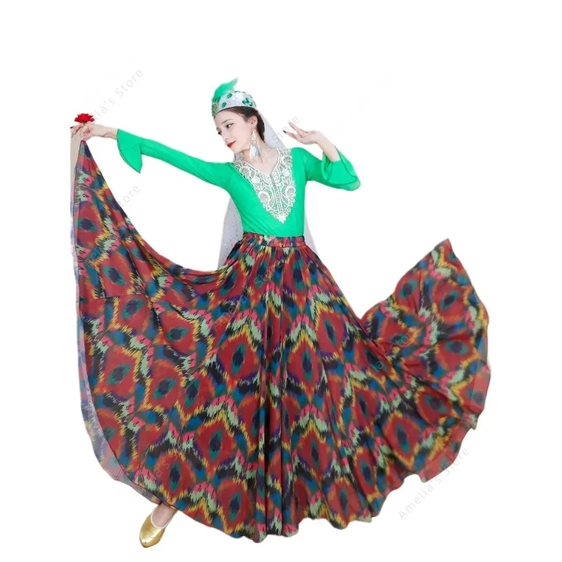 

Новая китайская юбка для народного танца Синьцзяна для женщин - большая юбка 720 градусов, этнический костюм для выступлений