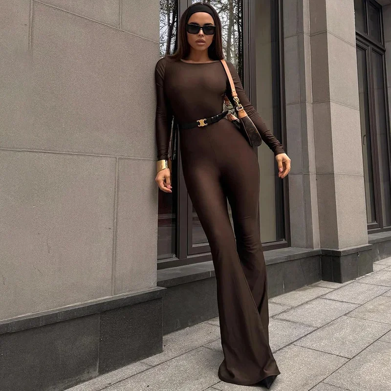 Casual Street Women Jumpsuits Trend Back Hollow Full Sleeve Stretch Skinny Flare Overalls Mujer Classic One Piece Suit 2025 New