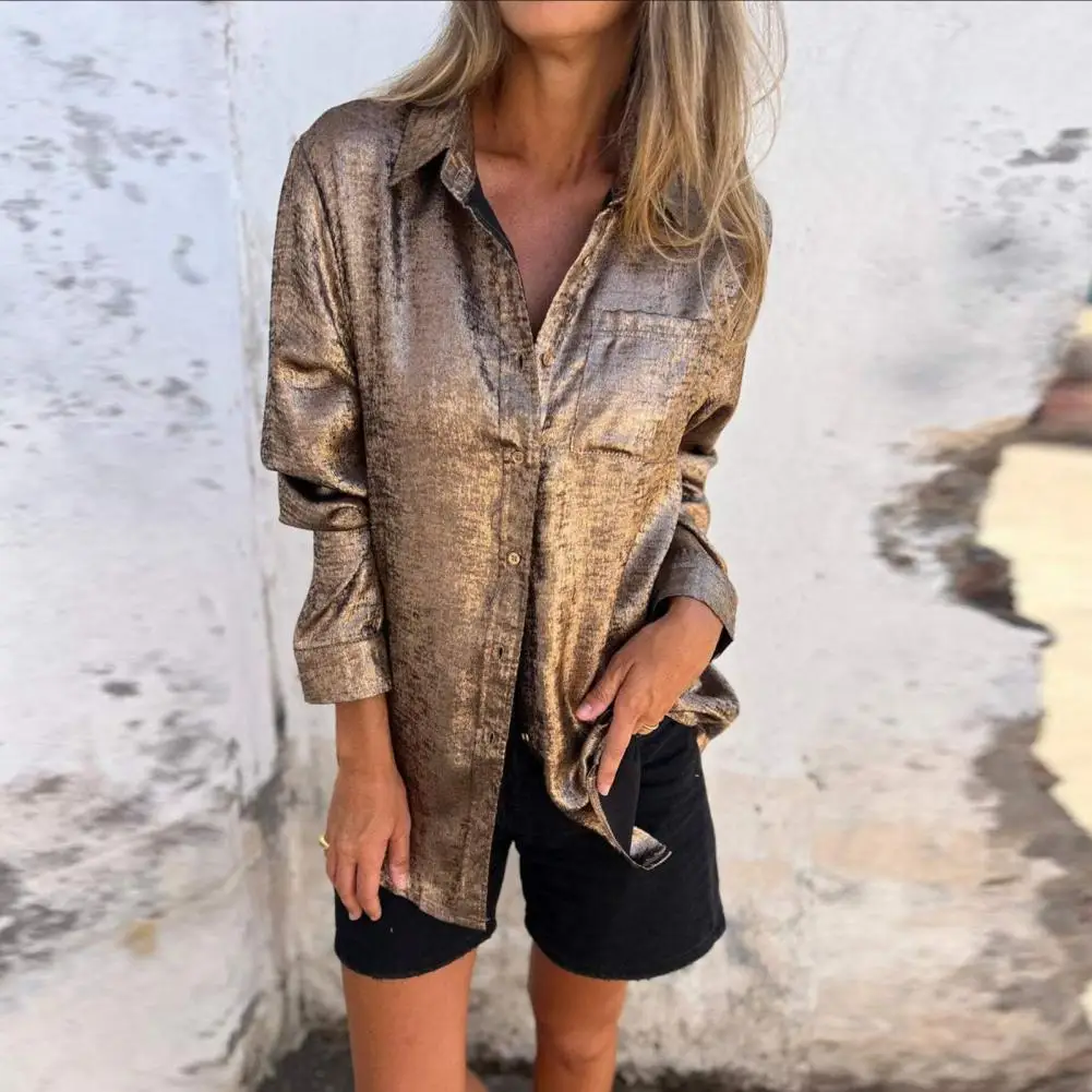 New Spring Fashion Velour Leather Women Blouse Elegant Turn-down Collar Button Office Top Autumn Long Sleeve Loose Casual Shirts