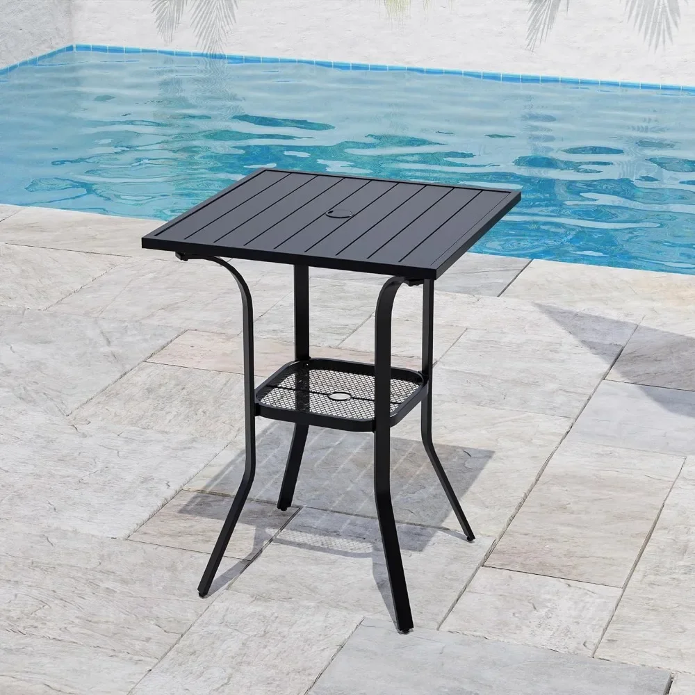 Outdoor Bar Table with Umbrella Hole, Patio Furniture Square Metal Bar Height Table, Cafe Bistro Table