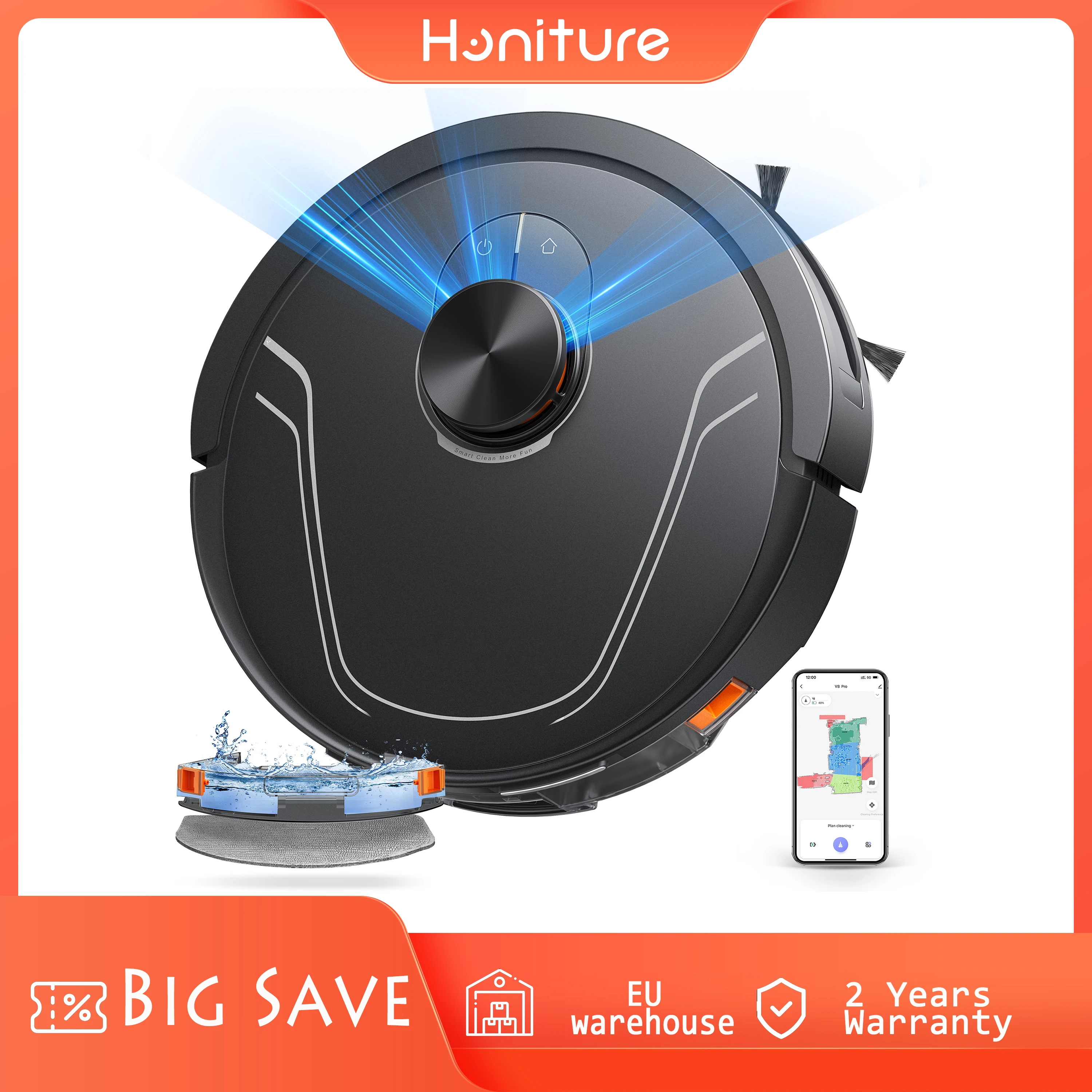 HONITURE Robot Vacuum and Mop Combo Laser Navigator 5000Pa 180 Mins Multi-Level Mapping No-go Zones Self-Charging App Control