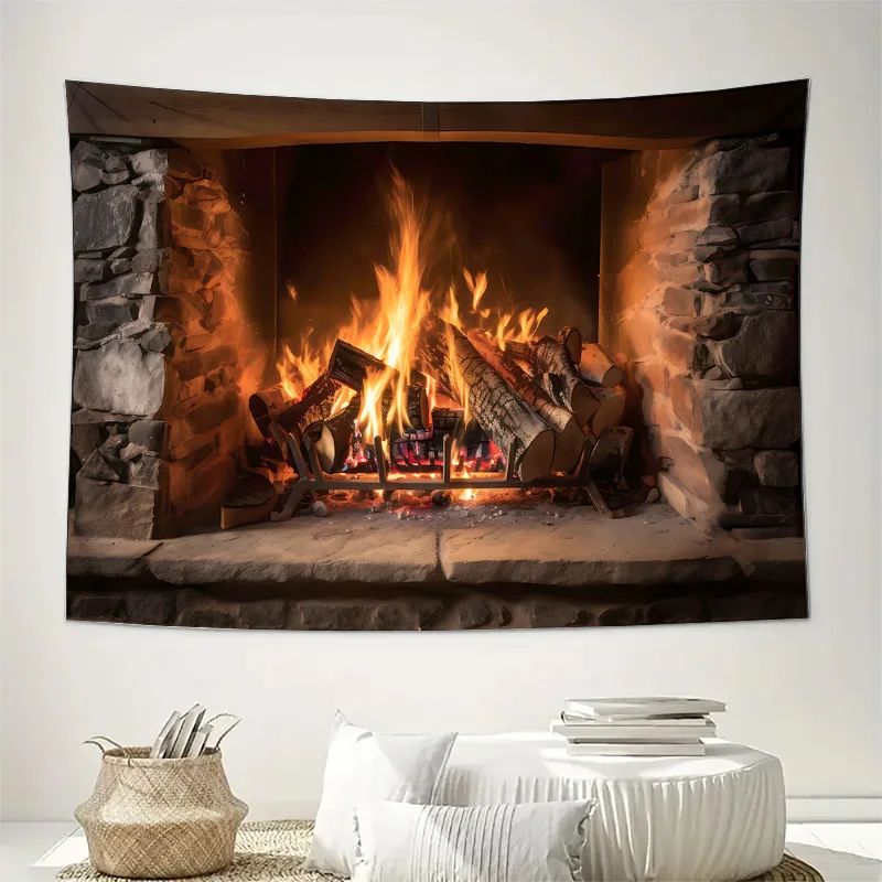 Cozy Fireplace Flame Decorative Wall Hanging - Romantic Burning Wood Fireplace Tapestry