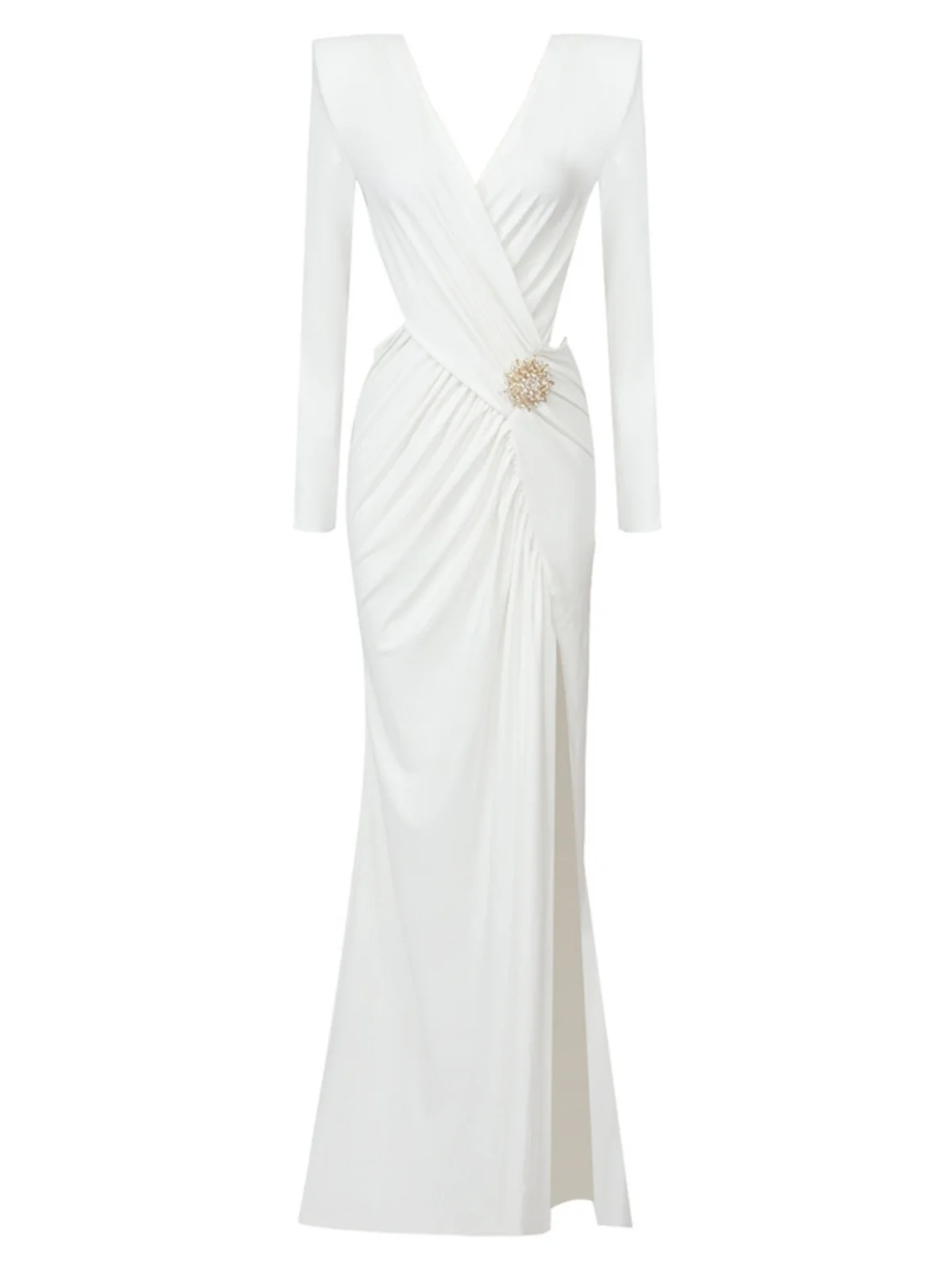 ชุดราตรีสีขาว แขนยาว ไขว้หลังเว้า ดีไซน์เซ็กซี่ แต่งโลหะรัดเอว ทรงยาว รุ่นใหม่ คอวี ซิปหลัง