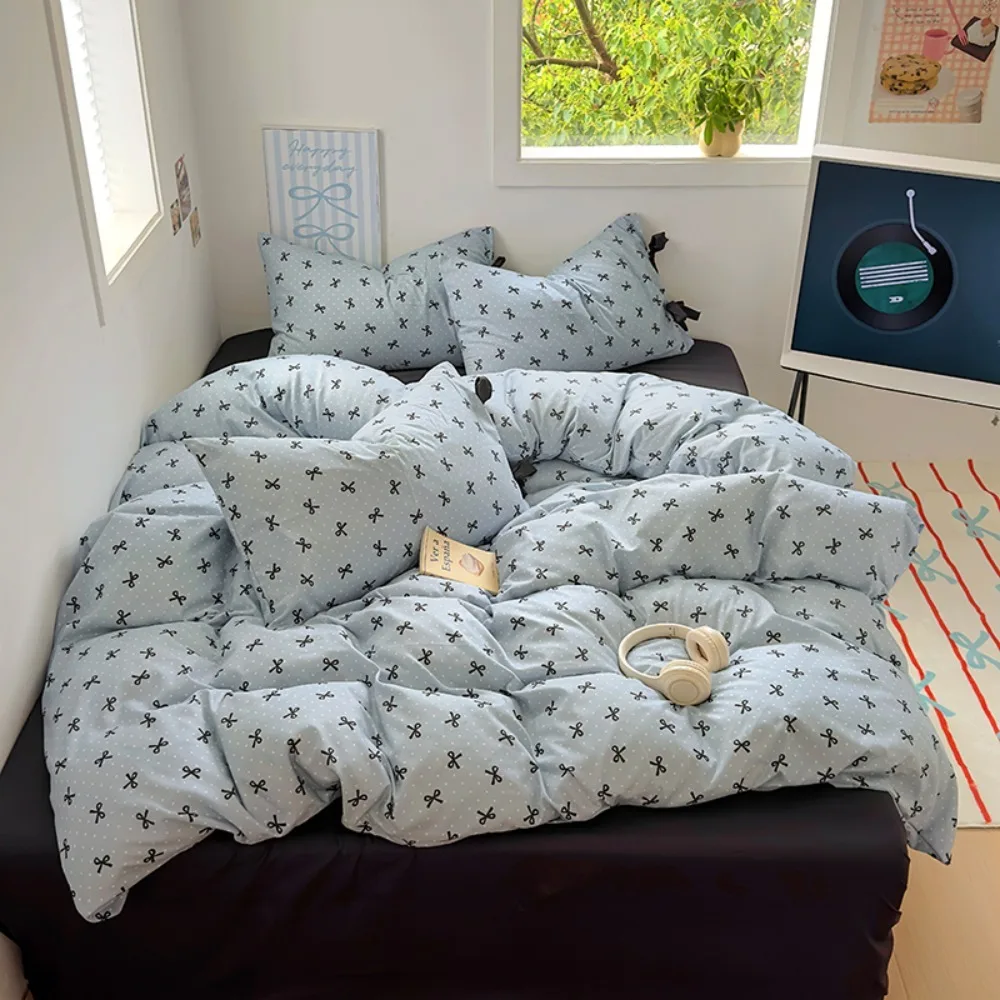 

Пододеяльник в горошек с бантом, комплект постельного белья из 4 предметов, пододеяльник с двусторонним принтом, полиэстеровый пододеяльник, 1 плоская простыня, 2 наволочки