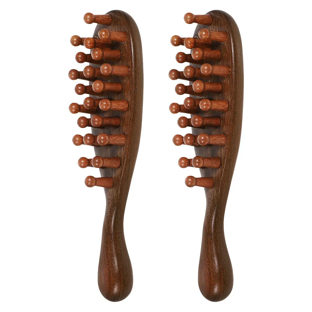

2pcs Wooden Scalp Massage Comb Fine Teeth Ergonomic Handle Portable Travel Multifunctional Hair Neck Massage