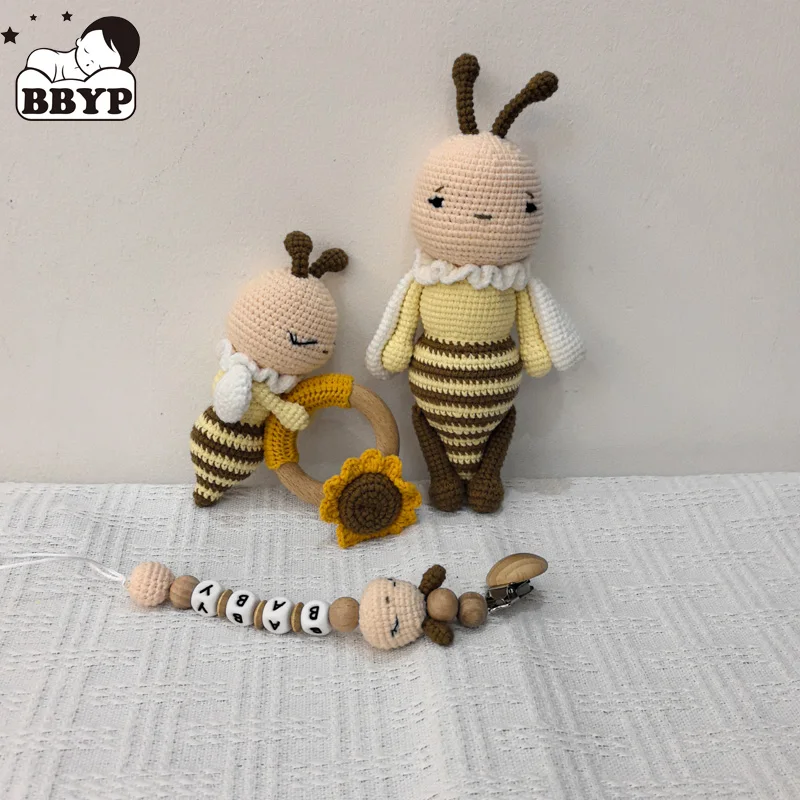 1Set Crochet Bee Baby Teether Rattle Safe Beech Wooden Teether Ring Pacifier Clip Chain Set Newborn Mobile Gym Educational Toy