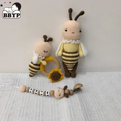 1Set Crochet Bee Baby Teether Rattle Safe Beech Wooden Teether Ring Pacifier Clip Chain Set Newborn Mobile Gym Educational Toy