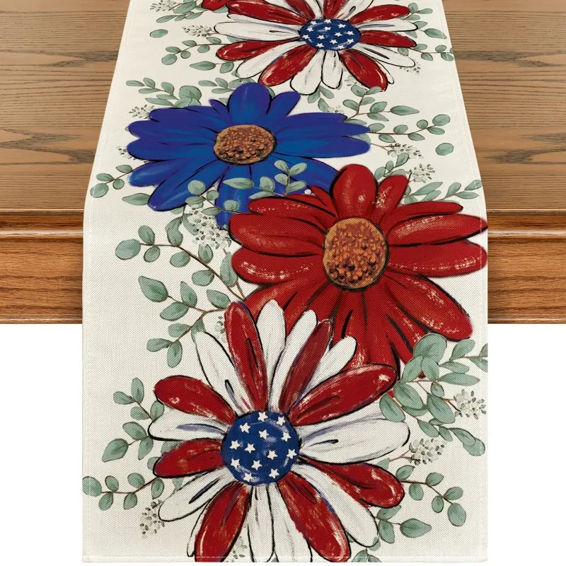 Red, White, Blue, Daisy-Printed Linen Tablecloth, American Independence Day Decorative Flag, Patriotic Celebration