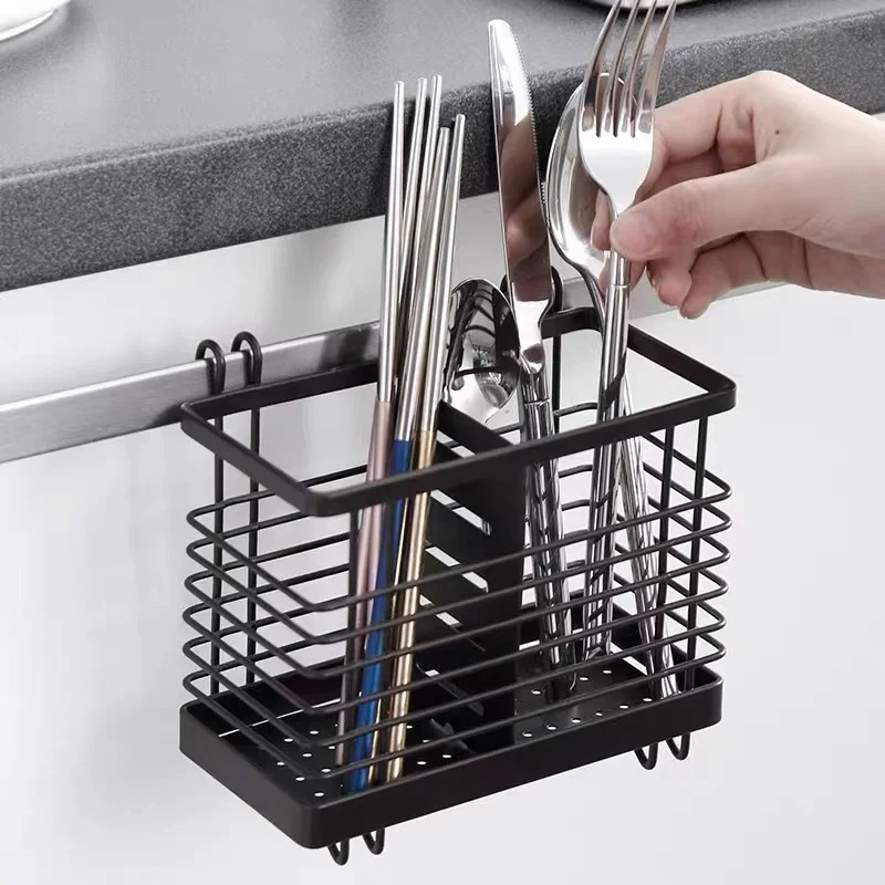 Wall-mounted Carbon Steel Chopsticks Cage Hollow Square Tableware Storage Tube Detachable Spoon Drain Rack Kitchen Storage Tools