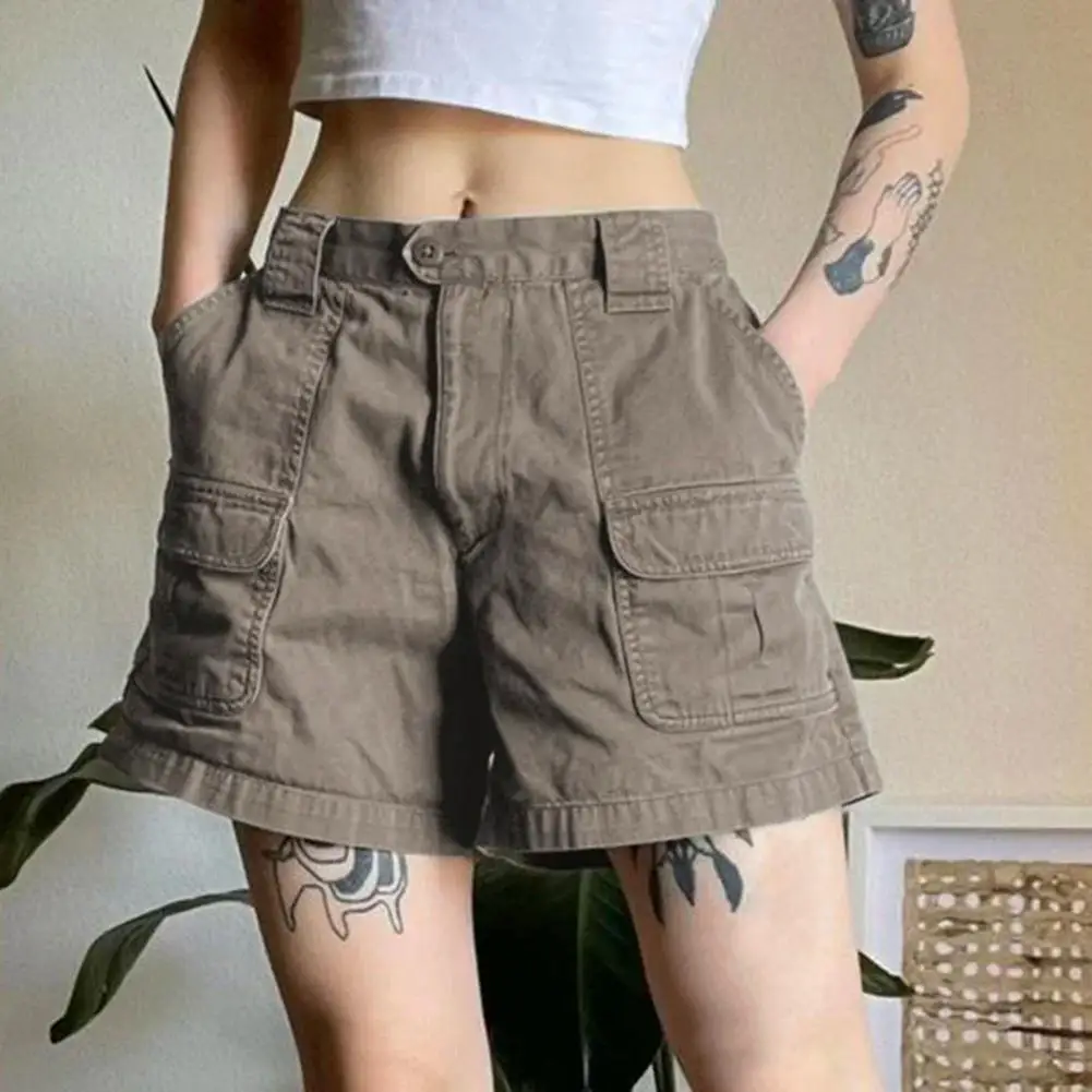 Straight Cargo Shorts Women Fashion American Retro Simple Leisure All-match Hot Summer Streetwear Mid Waist Pockets Designer Ins